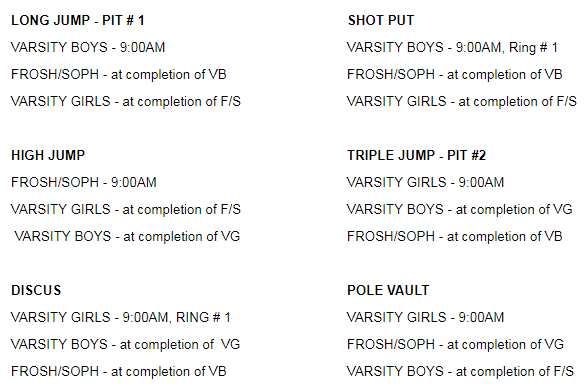 Clarke Massey Relays Field Events Schedule